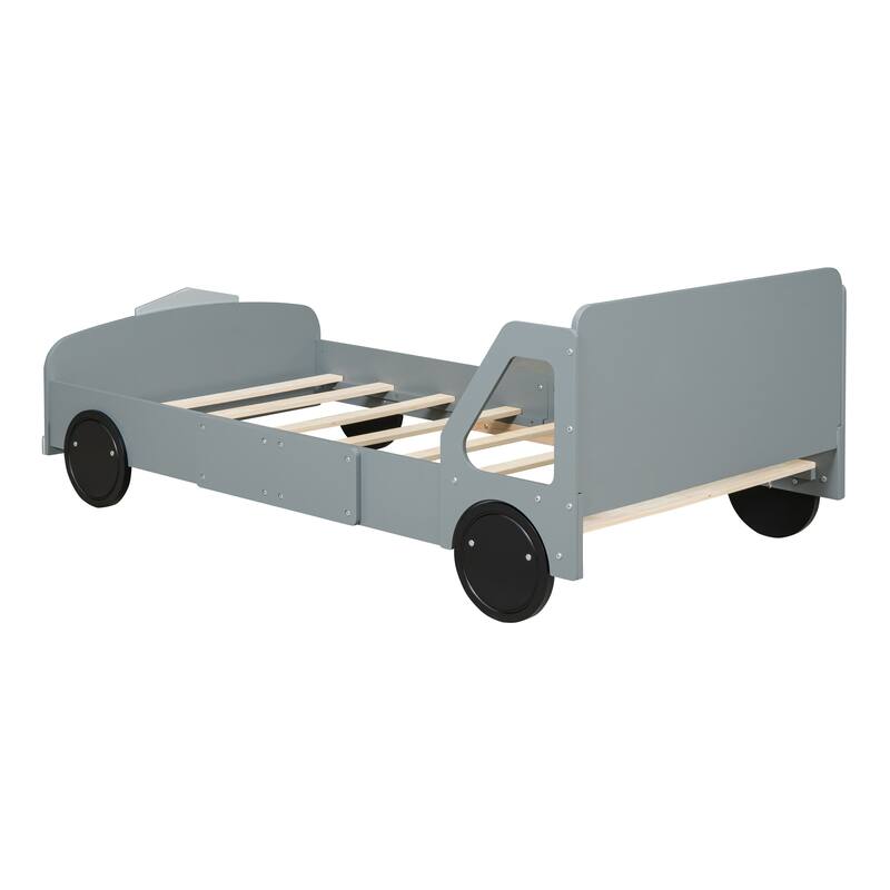 Car-Shaped Platform Bed Wood Low Profile Bed with Slat and Wheels