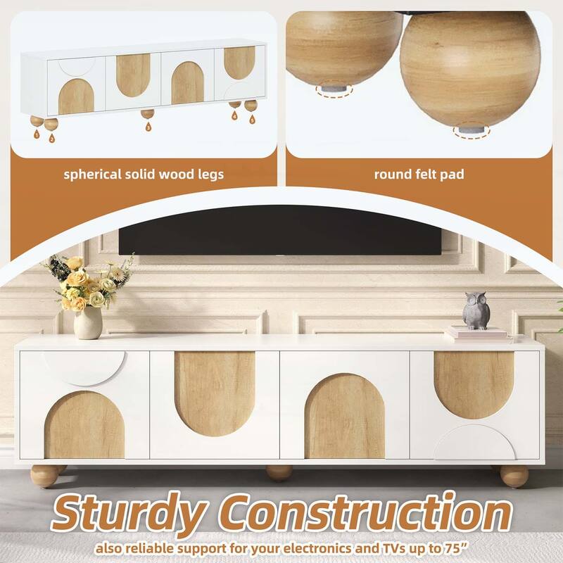 Farmhouse Media Console Table with Rebound Device,5 Solid Wood Legs