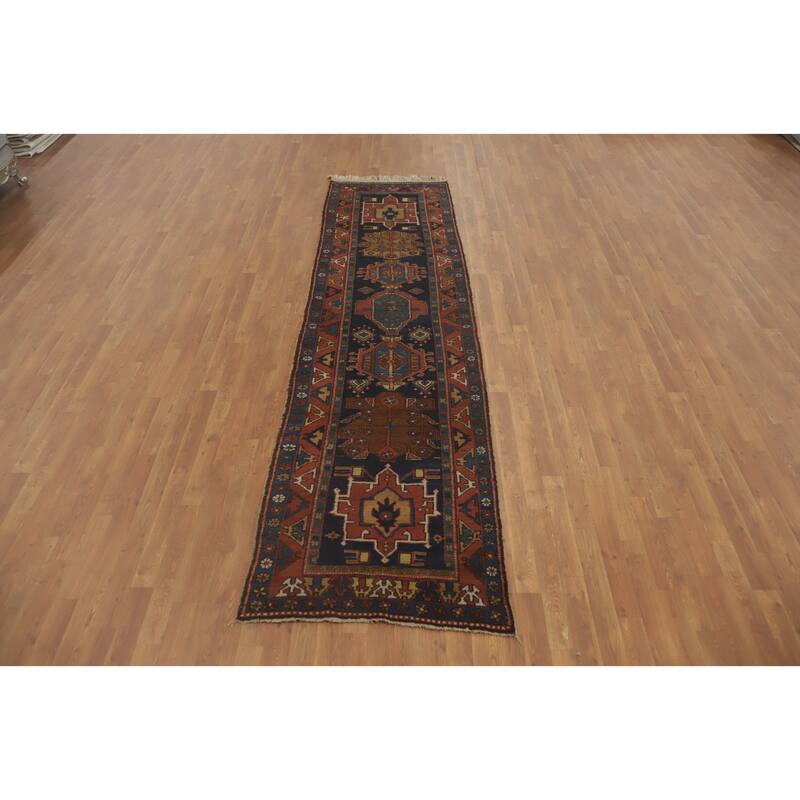 Hand Knotted Oriental 100% Wool Carpet Traditional Geometric Navy Blue & Blues Heriz (serapi) Runner Rug - 11' 0'' X 2' 11''