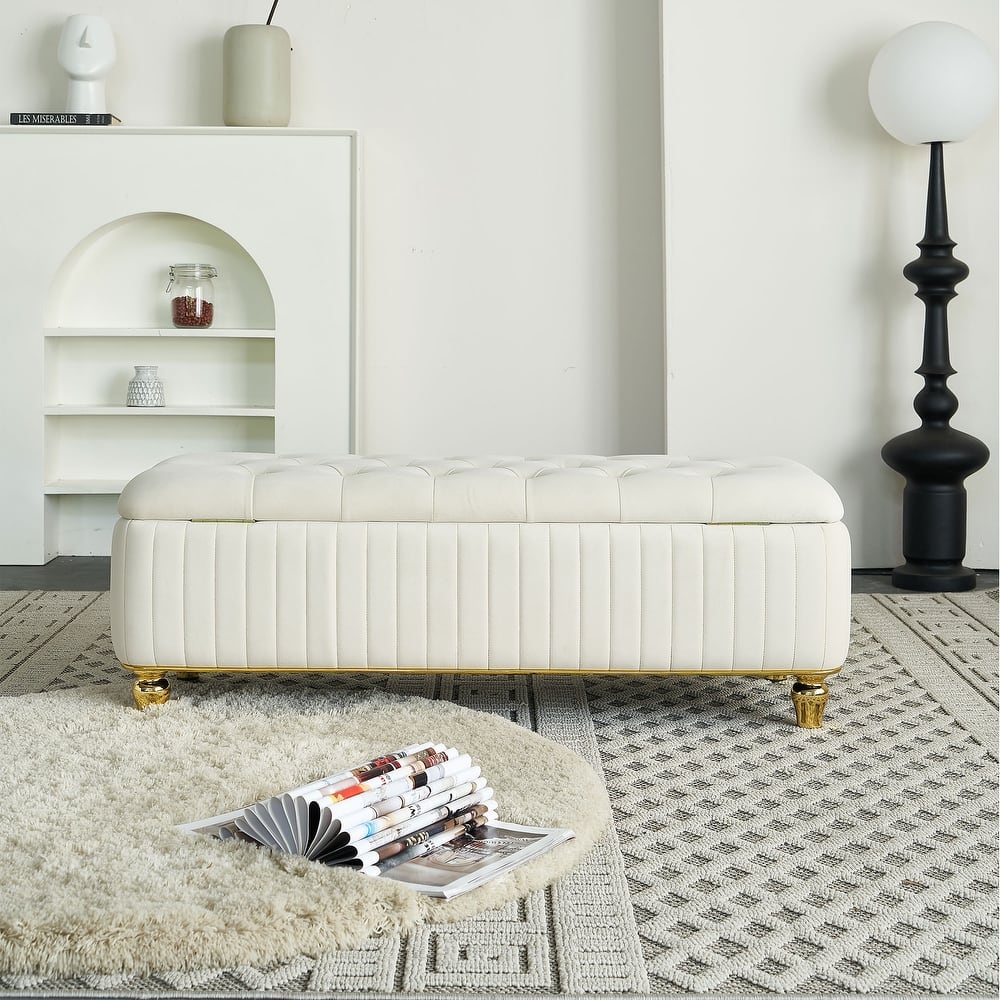 Velvet Fabric Storage Ottoman, Upholstered Button Tufted Storage Bench, End of Bed Bench with Safety Hinge & Metal Legs