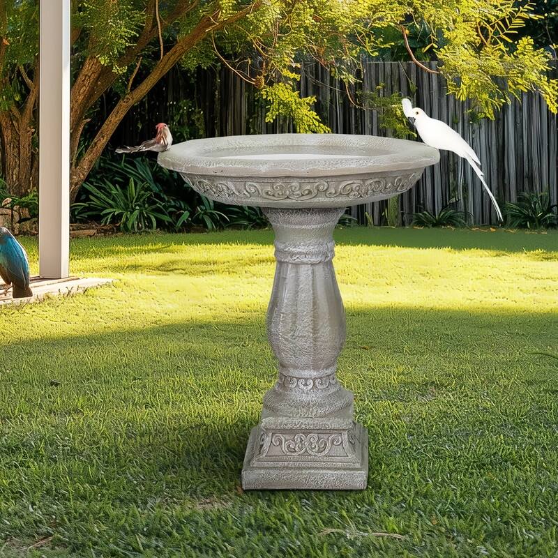 SunJet 23.8" H Concrete Bird Bath with Carved Pedestal - 23.8'' H X 20'' W X 20'' D - Grey