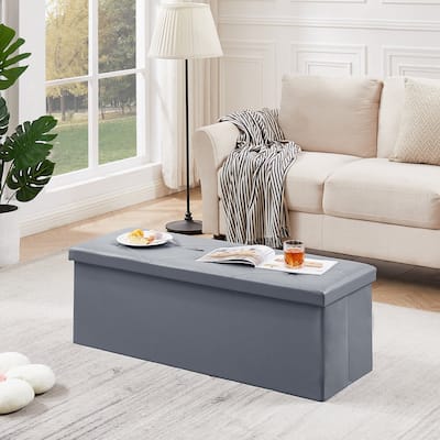 VECELO Folding Storage Ottoman, Bedroom Storage Bench, Versatile Footrest Footstool Tufted Faux Leather Chest for Living Room
