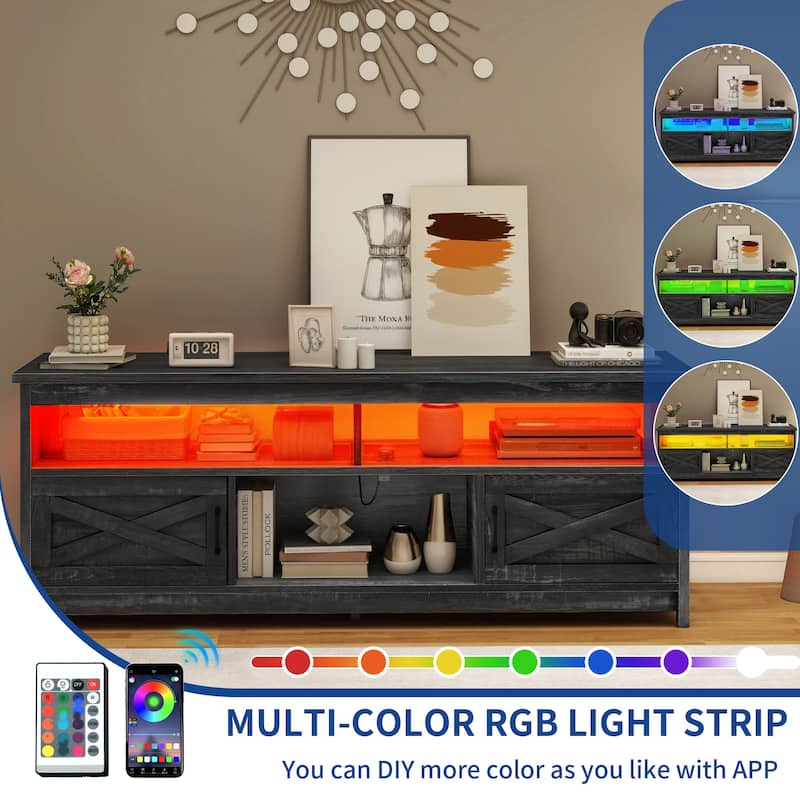 Farmhouse TV Stand for up to 65" TV with Doors and Open Shelves Media Console Power Outlet