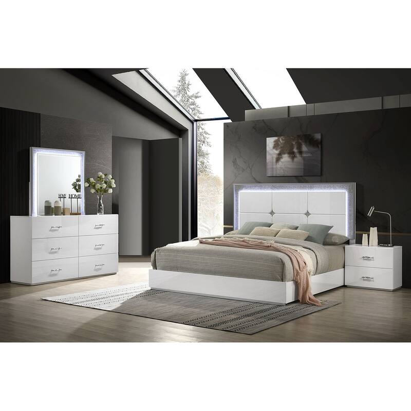 Modern White Finish High-Gloss Bedroom Furniture Set LED Headboard Bed Dresser Mirror Nightstand