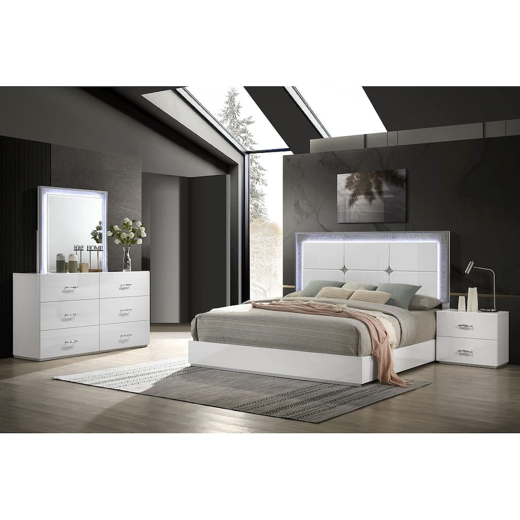 Modern White Finish High-Gloss Bedroom Furniture Set LED Headboard Bed Dresser Mirror Nightstand
