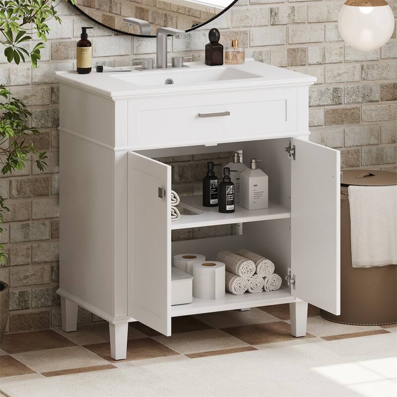 30'' Bathroom Vanity with Ceramic Sink Top, Freestanding Bathroom Vanity Cabinet with 2 Soft Close Doors and Adjustable Shelves - White