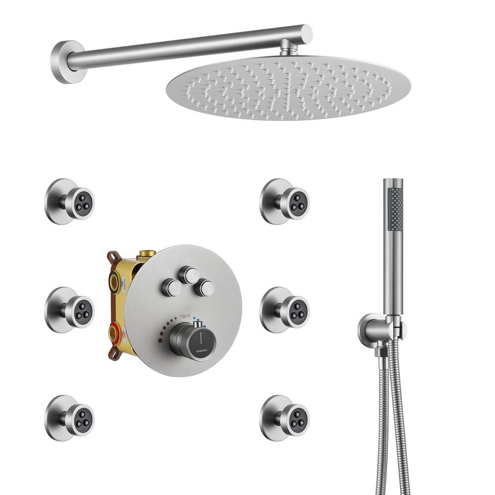 CASAINC 3-function Luxury Thermostatic Dual Shower Faucet Shower System with 6 Body Spray Jets