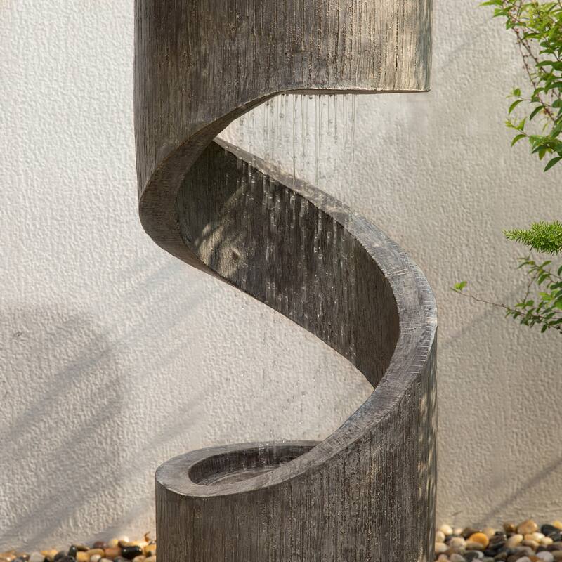 32-Inch Modern Polyresin LED Spiral Outdoor Fountain With Small Planter by Glitzhome