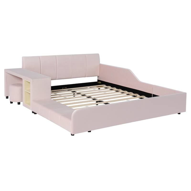 Queen/Full Mother & Child Bed with Bedside Desk, Velvet Upholstery & Round Stool