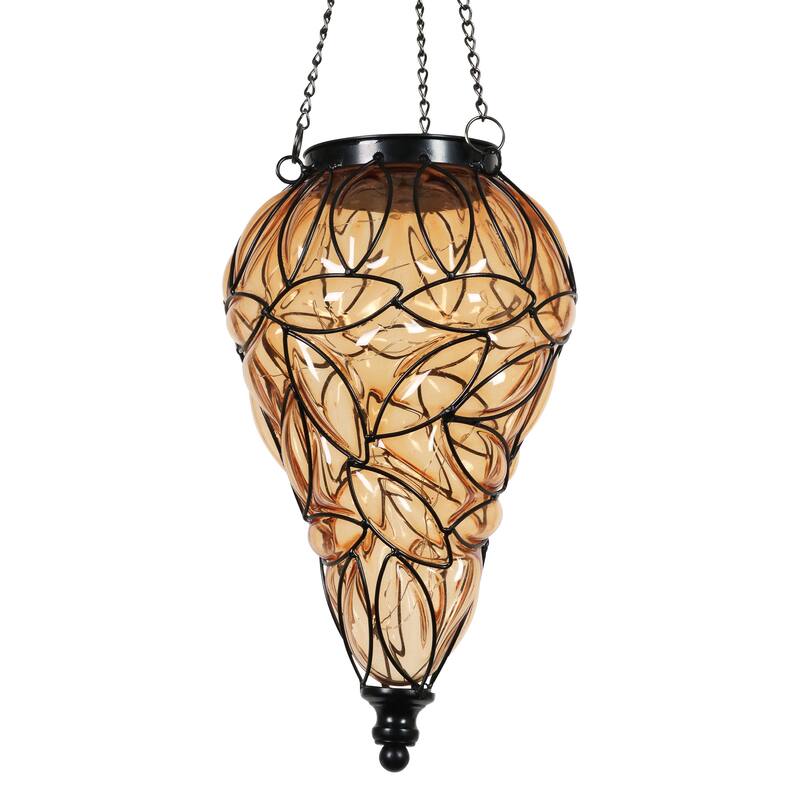 Exhart Solar Tear Shaped Hand Blown Glass Hanging Lantern with Fifteen LED lights, 7 by 24 Inches