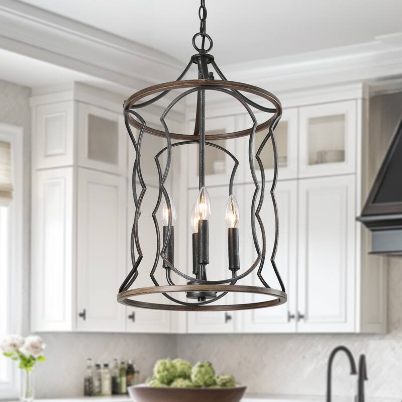 Modern Farmhouse 4-Light Cylinder Chandelier Wood Grain Kitchen Island Pendant Light - Dia. 13.5" x H 24.5" - Brushed Silver-black