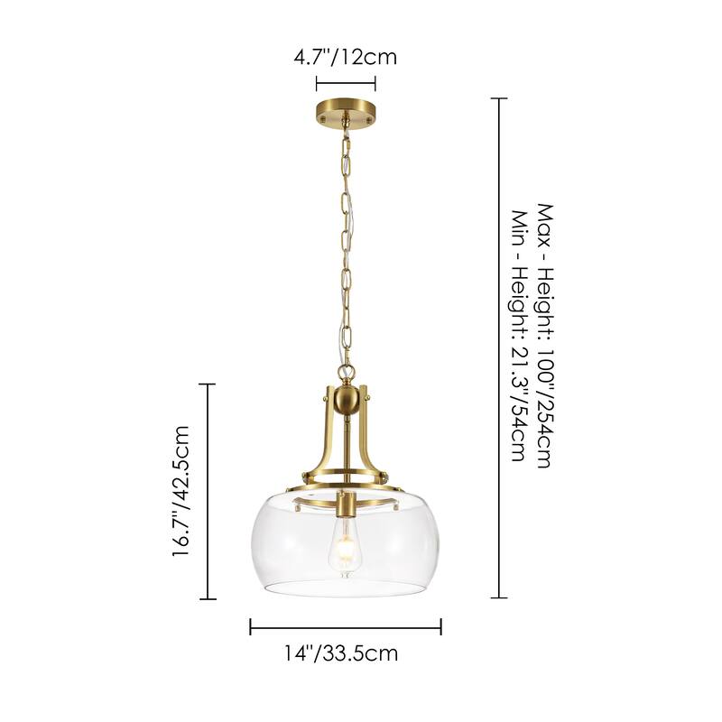 13.8" W Mid-Century Modern Rustic Gold Dome Design Ceiling Pendant with Clear Glass Shade for Dining Room, Kitchen Island, Foyer