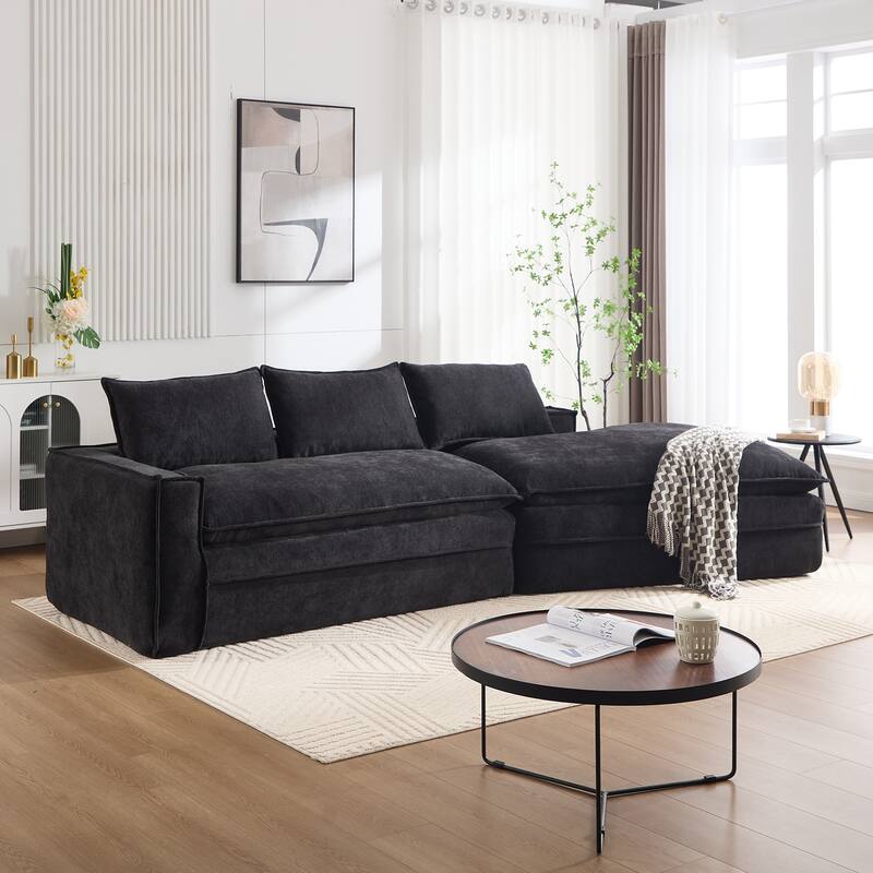 133 Inch Modular Sectional Sofa Polyester Fabric Right Facing Chaise for Living Room - Black