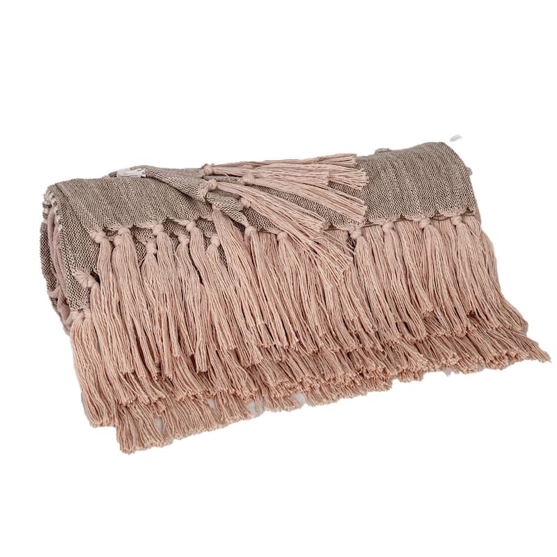 HomeRoots 50" X 60" Brown and Tan Woven Cotton Striped Throw Blanket with Fringe and Embroidery