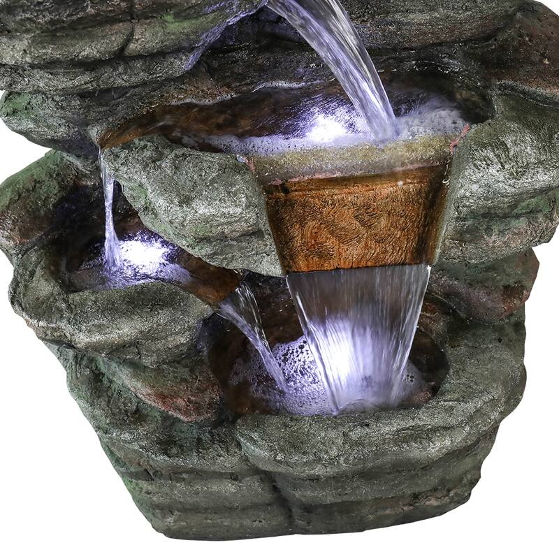 7-Tier Rock Water Fountain w/LED Lights Outdoor Water Feature for Home
