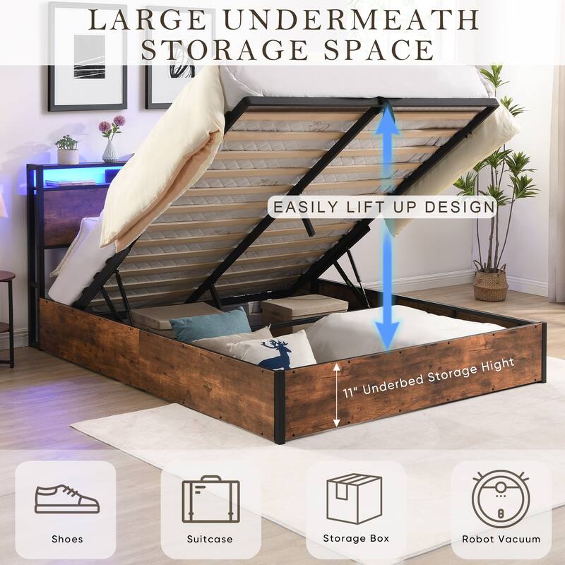 Rustic Brown Queen Size Wooden Platform Bed with Bookcase Headboard, Charging & LED Lights