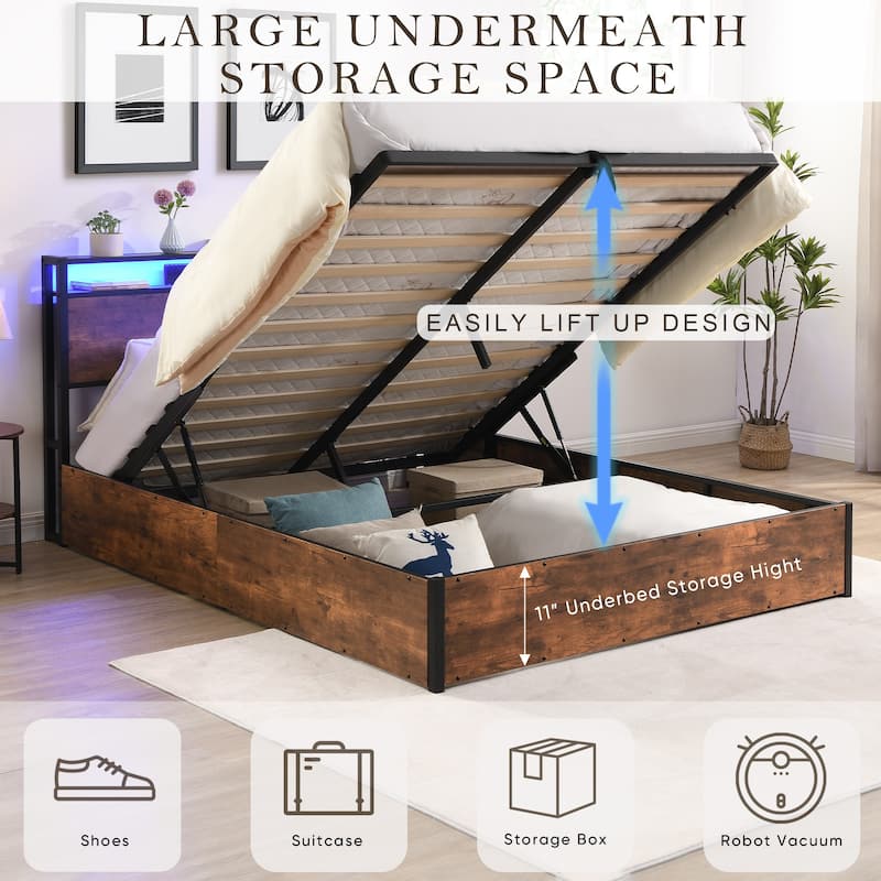 Wooden Platform Bed with Bookcase and LED