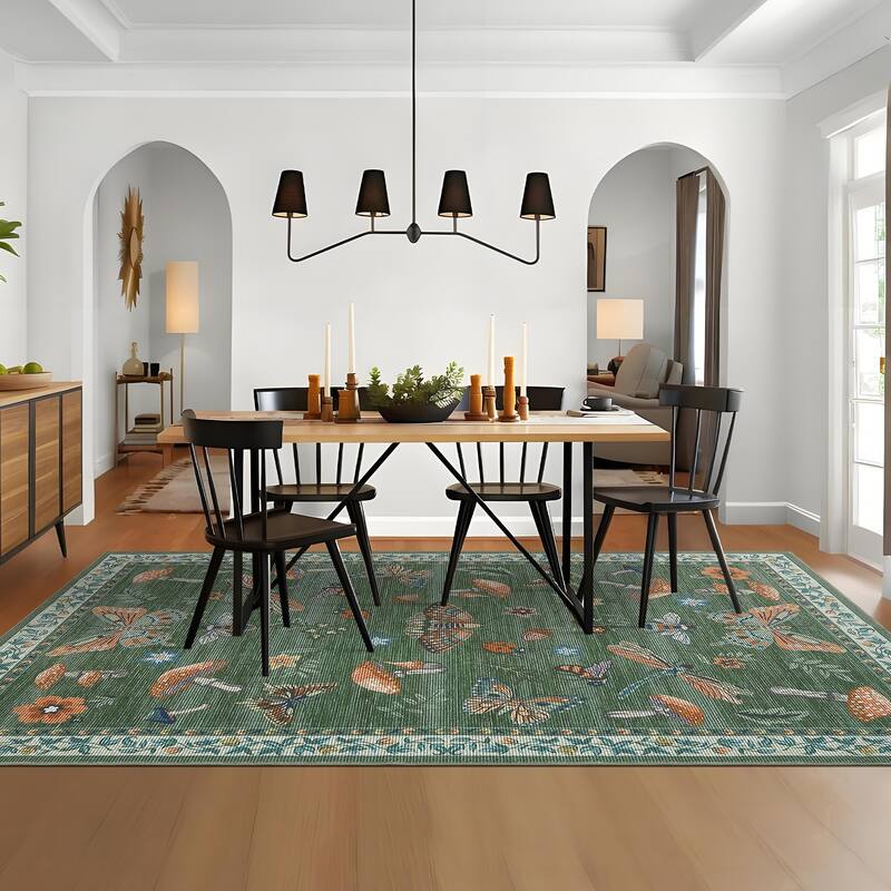 Area Rugs for Living Room Modern Insect Rug Mushroom Pattern Rug Soft Washable Non Slip Low Pile Rug