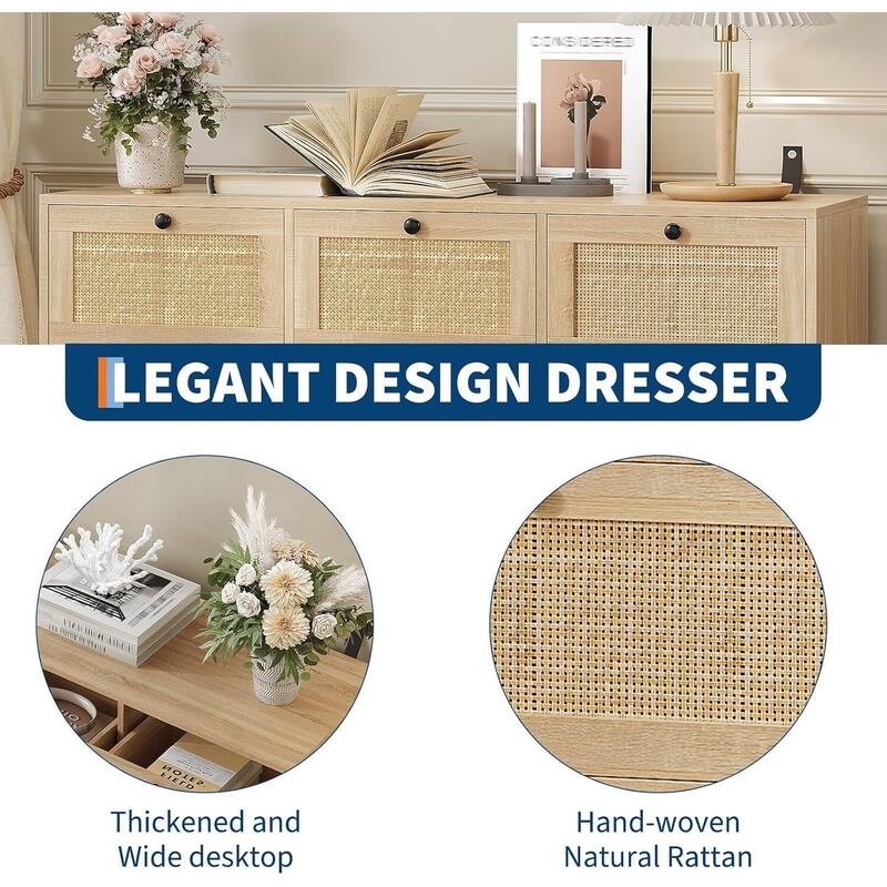 Farmhouse Rattan 7 Drawer Dresser Storage Organizer for Bedroom, Living Room