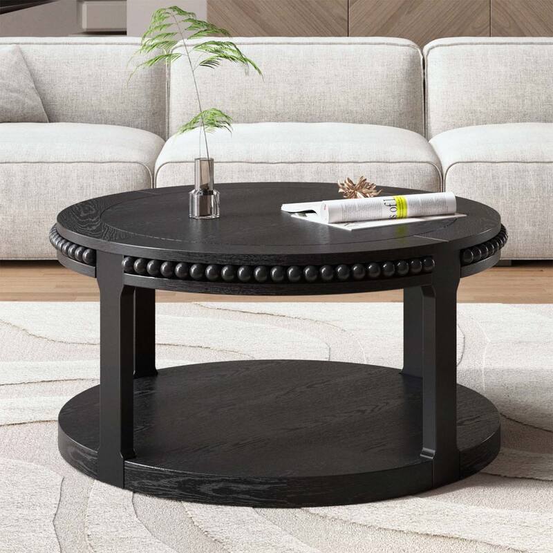 31.5 Inch Wood Round Coffee Table,2-Tier Rustic Design with Storage Shelf for Modern Living Room