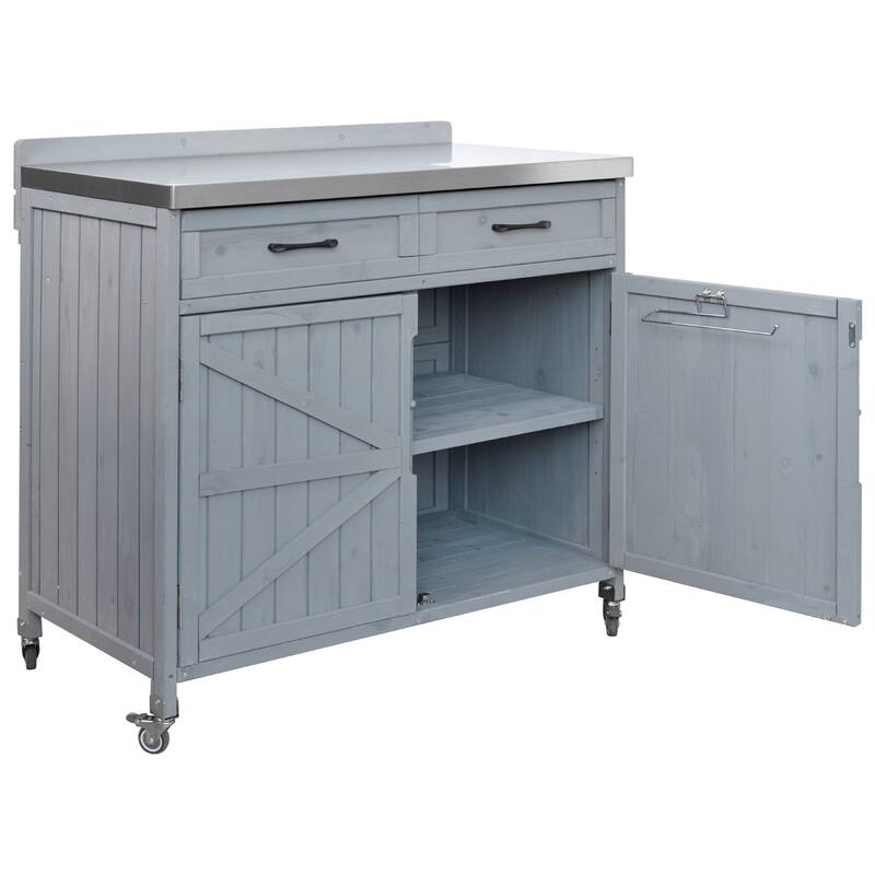 39.4" Outdoor Kitchen Island with Stainless Table Top, with One Large Drawer, Internal Storage Racks & 4 Wheels