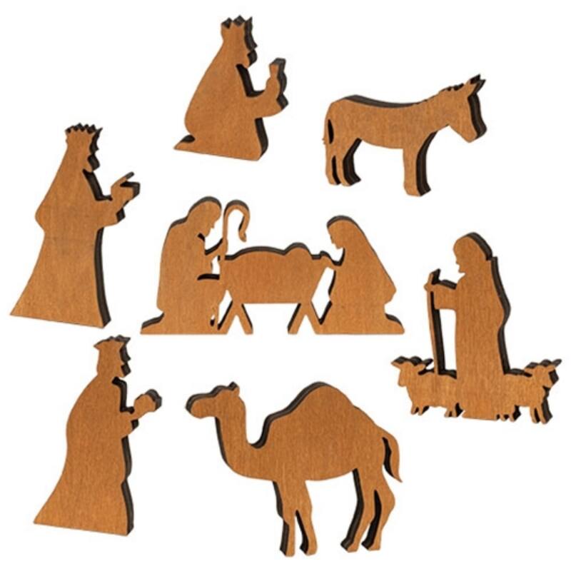 Set of 7 Natural Wood Silhouette Nativity - Approx. 4" H x 3-6" W x .5" D each
