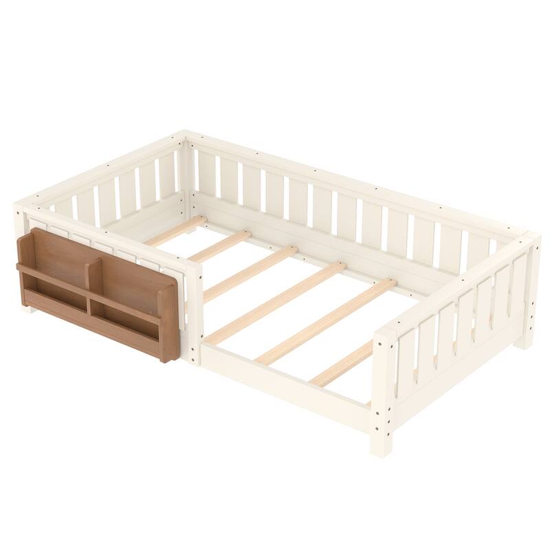 Montessori Floor Bed Low Profile Kids Bed with Rails & Bookshelf