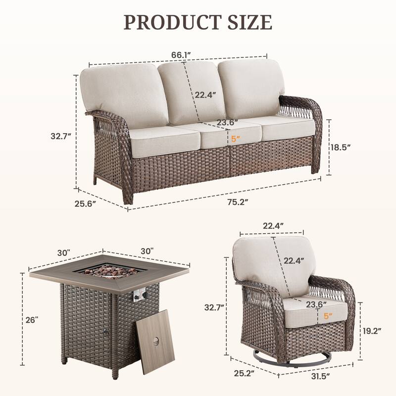 Pocassy Outdoor Sofa Ottoman Swivel Chair Table with Fire Table Set.