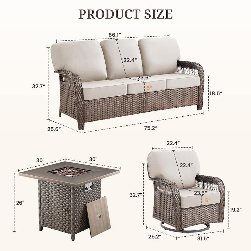 Pocassy Patio Outdoor Fire Table with Sofa Ottoman Swivel Chair Funiture Set.
