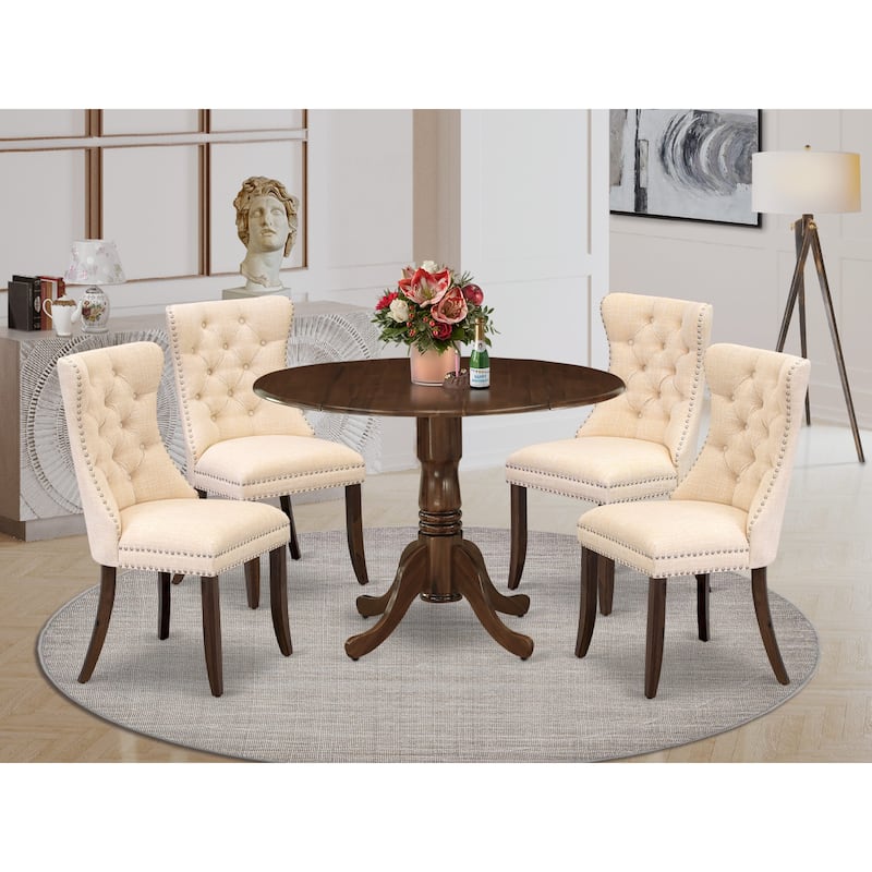 East West Furniture Dining Table Set Contains a Round Kitchen Table and Upholstered Chairs, Antique Walnut (Pieces Options) - DLDA5-AWA-32