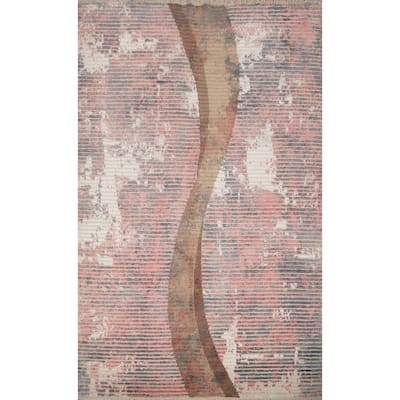 Hand Knotted Oriental Viscose Silk Carpet Modern Stripe Coral Abstract Area Rug - 6' 6'' X 4' 9''