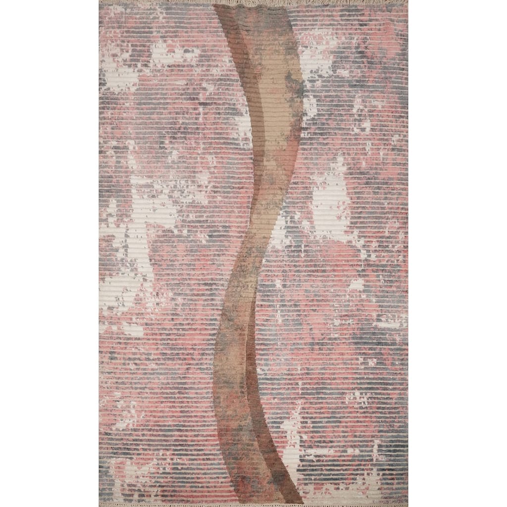 Hand Knotted Oriental Viscose Silk Carpet Modern Stripe Coral Abstract Area Rug - 6' 6'' X 4' 9''