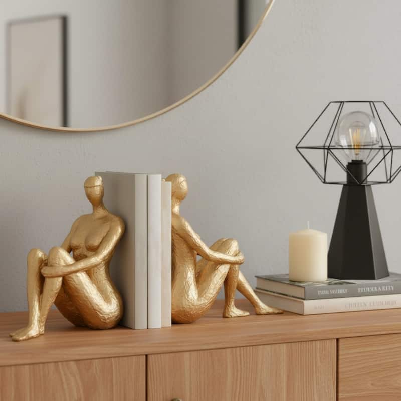 Modern Graceful Seated Lady Figurine Bookends - Set of 2, 8", Gold - 8.0"