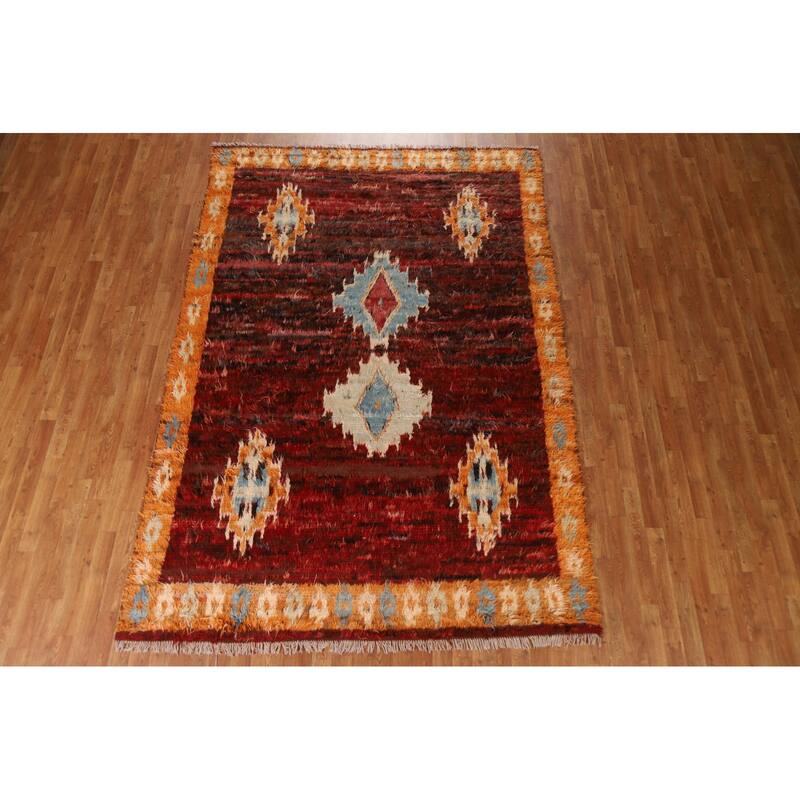 Hand Knotted Oriental 100% Wool Carpet Modern Tribal Red Moroccan Area Rug - 9' 9'' X 6' 8''