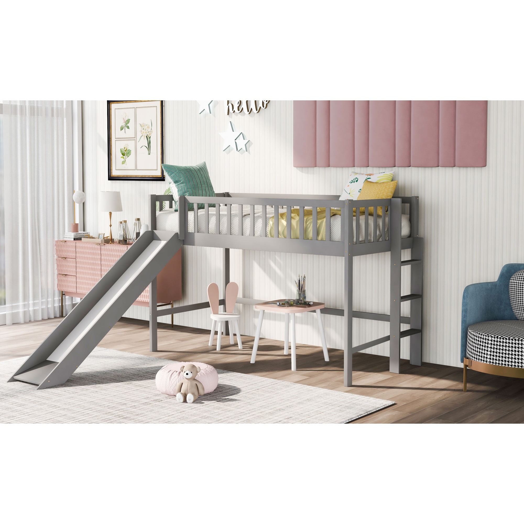 Low Loft Bed with Ladder and Slide