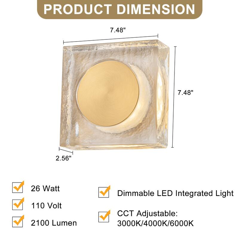 Square LED Wall Sconce Clear Textured Handblown Glass Shade Dimmable