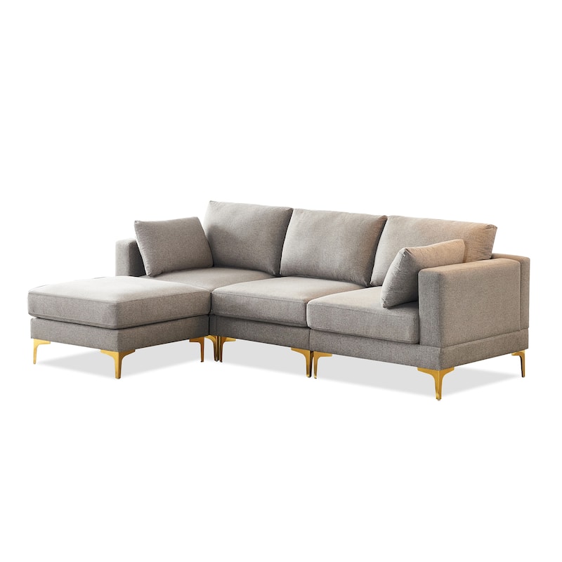 92'' Fabric L-Shape 3-Seater Sofa with Ottoman, Gold Metal Legs, and Toss Pillows