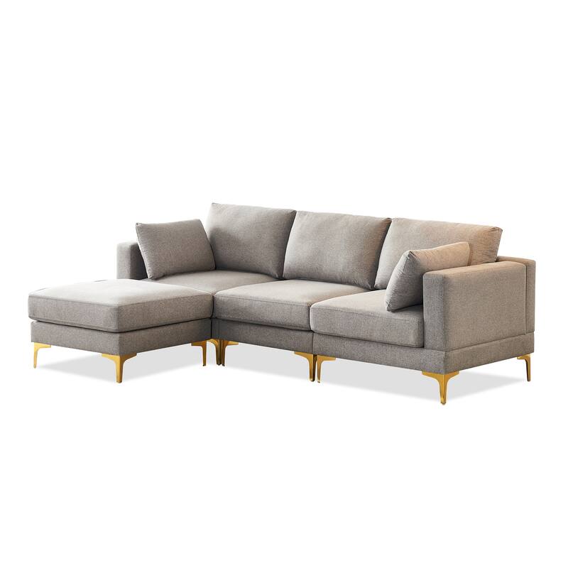 92'' Modern Turquoise L-Shaped 3 Seat Sofa with Ottoman, 2 Pillows, Gold Metal Legs, and Polyester Upholstery