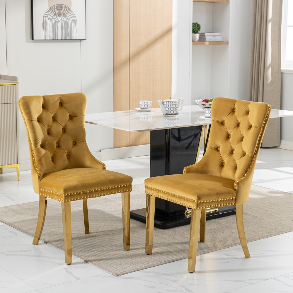 Velvet Dining Chairs Set of 2, Tufted Upholstered Dining Room Chairs, Kitchen Chair with Back Ring Pull & Nailhead Trim