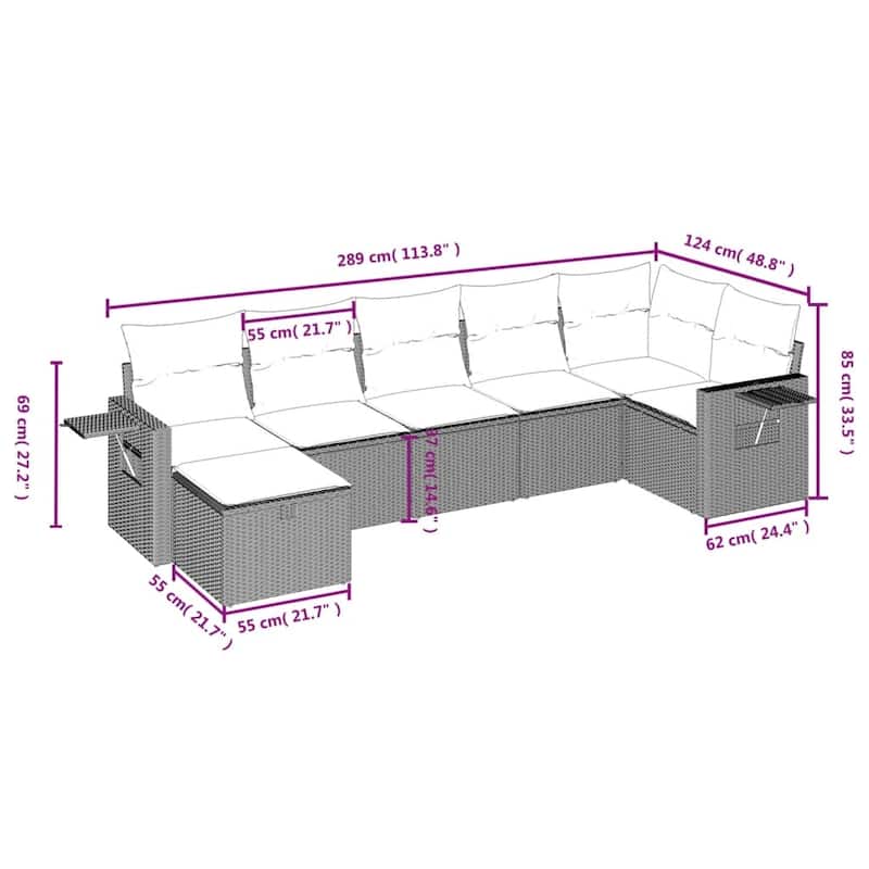 vidaXL Patio Sofa Set with Cushions Outdoor Conversation Furniture Poly Rattan - 24.4" x 24.4" x 27.2"