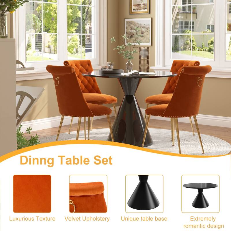 48" Light Luxury Black High Gloss Large Countertop Dining Table with Velvet Dining Chair Set