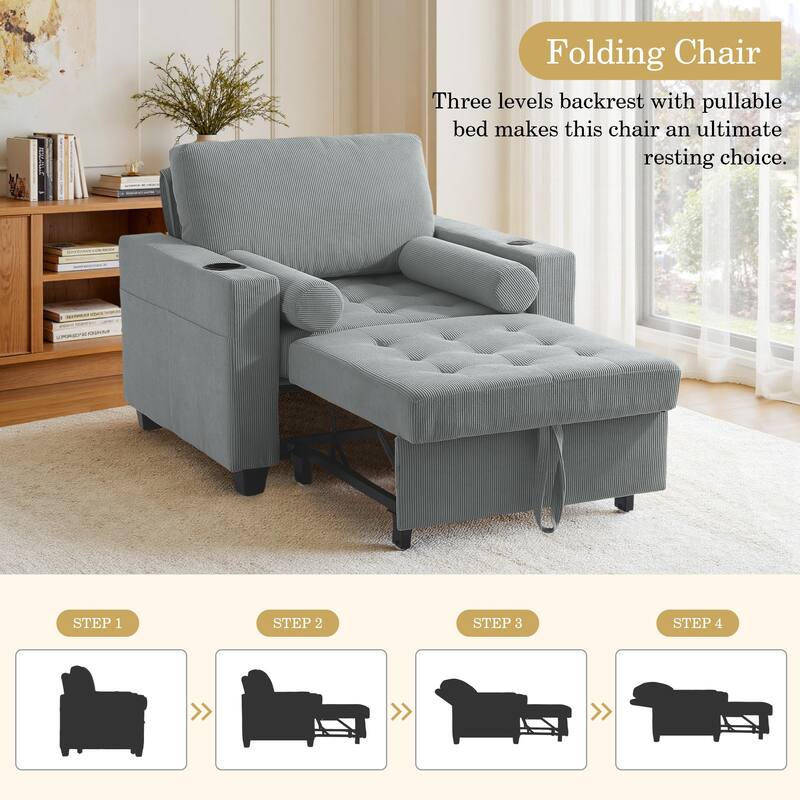 2 Set Convertible Adjustable Lounge 3-in-1 Pull-Out Sleeper Chair Bed