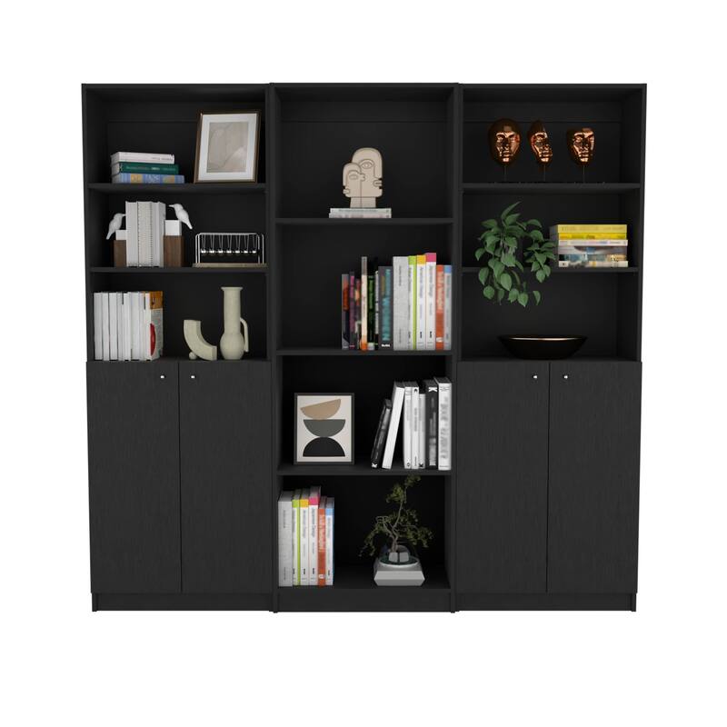 FM FURNITURE Encino 3 Piece Living Room Set with Sutton Bookcase + 2 Sutton 2-Door Bookcase, Black