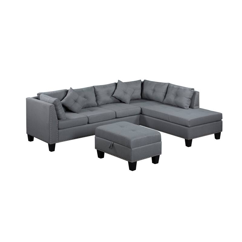 104.5" Gray Upholstered Sofa Set with Comfortable Coin-Spring Cushions, Sturdy Frame, Chaise Lounge, Versatile Storage Ottoman