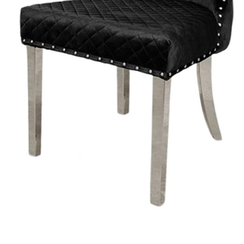 Anova Side Dining Chair Set of 2, Rivet Trim, Silver Stainless Steel, Black Fabric