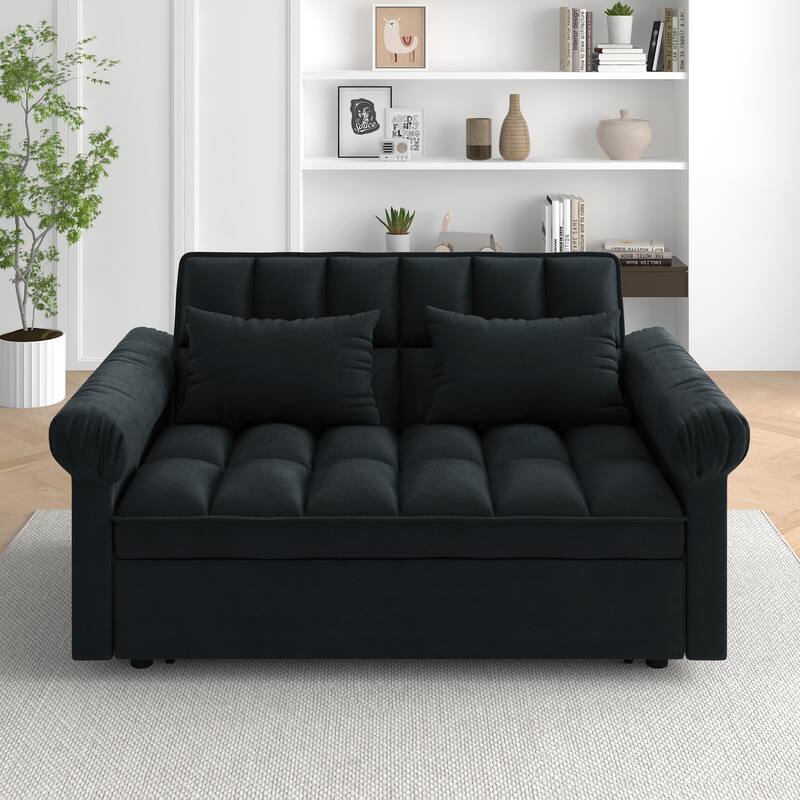 Flannel Sleeper Sofa Bed Loveseat Recliners Couch with Pull-Out Trundle, Adjustable Backrest, Round Arms and Side Pockets