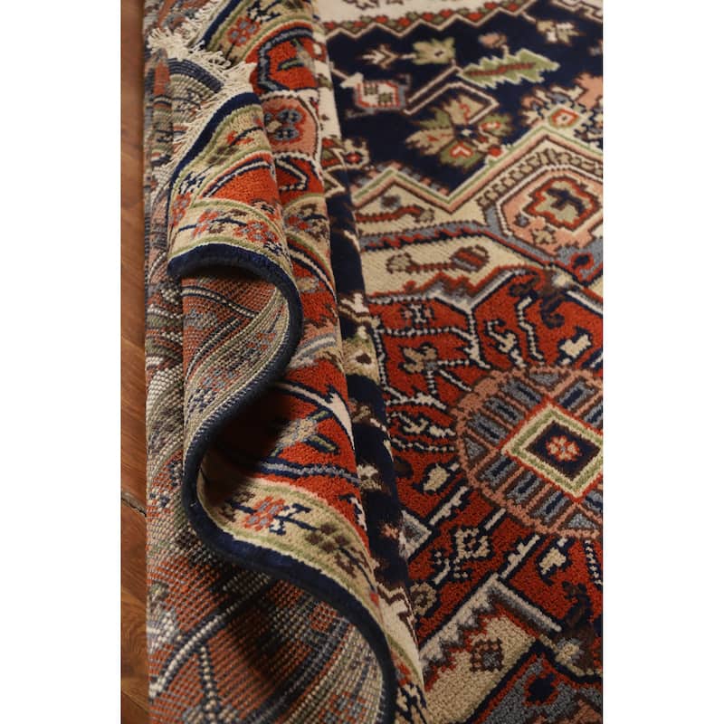Hand Knotted Oriental 100% Wool Carpet Traditional Medallion Navy Blue & Blues Heriz (serapi) Area Rug - 10' 0'' X 7' 11''