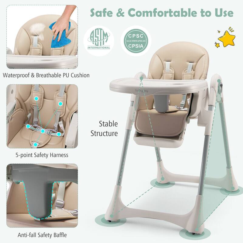 Gymax Baby High Chair Folding Baby Dining Chair w/ Adjustable Height &