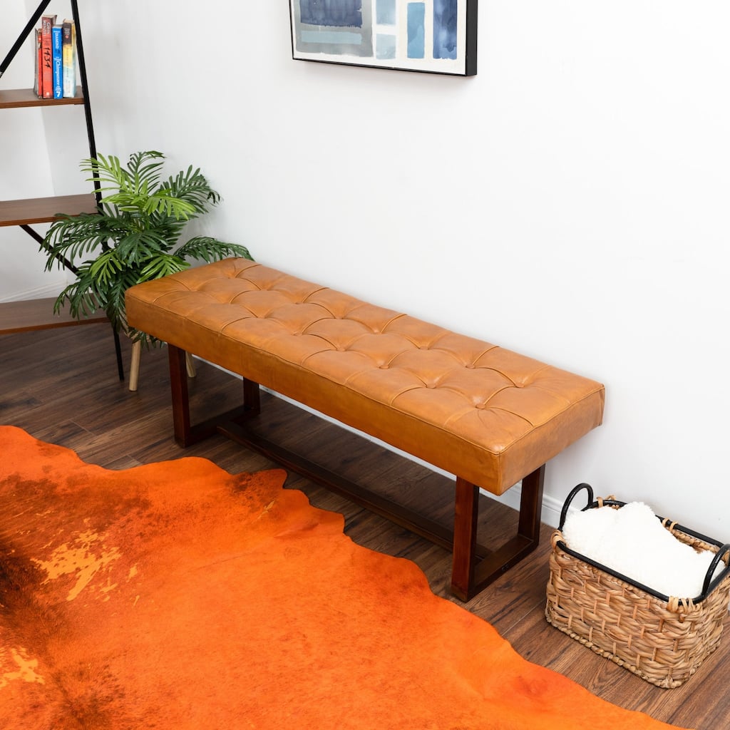 GDFStudio - Cameron Modern Mid-Century 51" Genuine Leather Bench with Solid Wood Frame for Living Room, Bedroom & Entryway