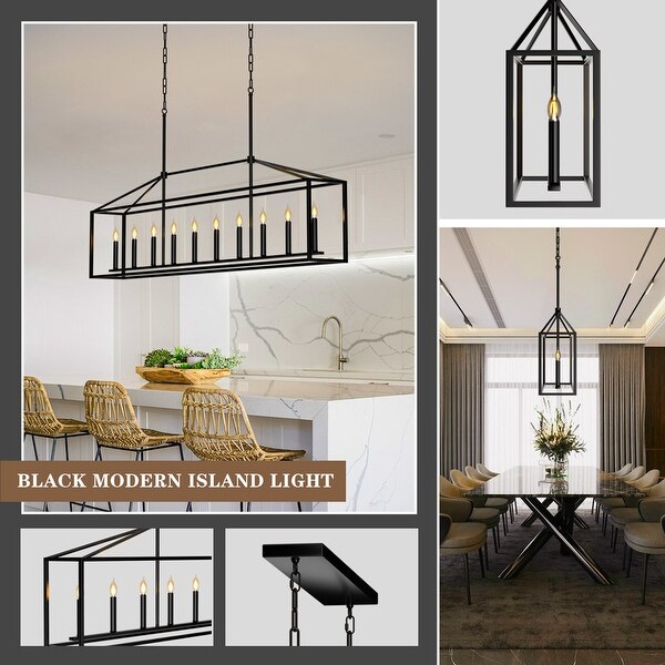 10 Light Black Rectangular Chandelier Modern Dining Room Light Fixture 78.7x14.8 in
